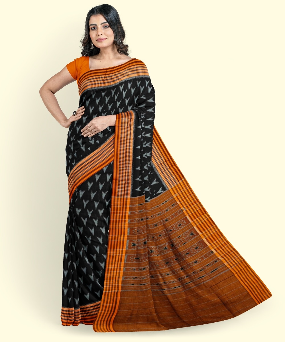Black Orange Sambalpuri Handwoven Single Ikat Cotton Saree Image 1