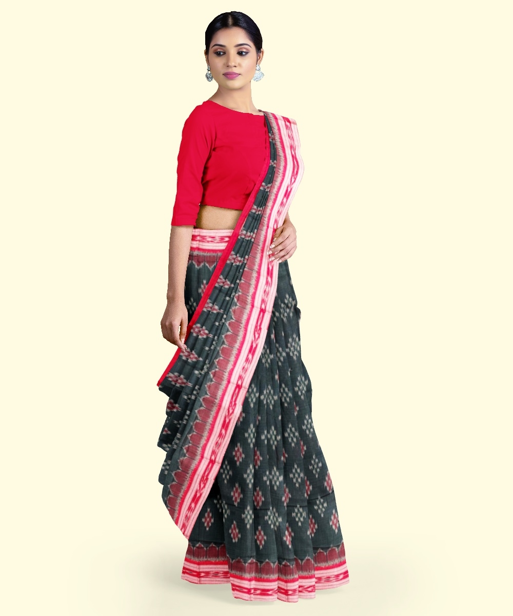 Green Red Sambalpuri Handwoven Single Ikat Cotton Saree Image 2
