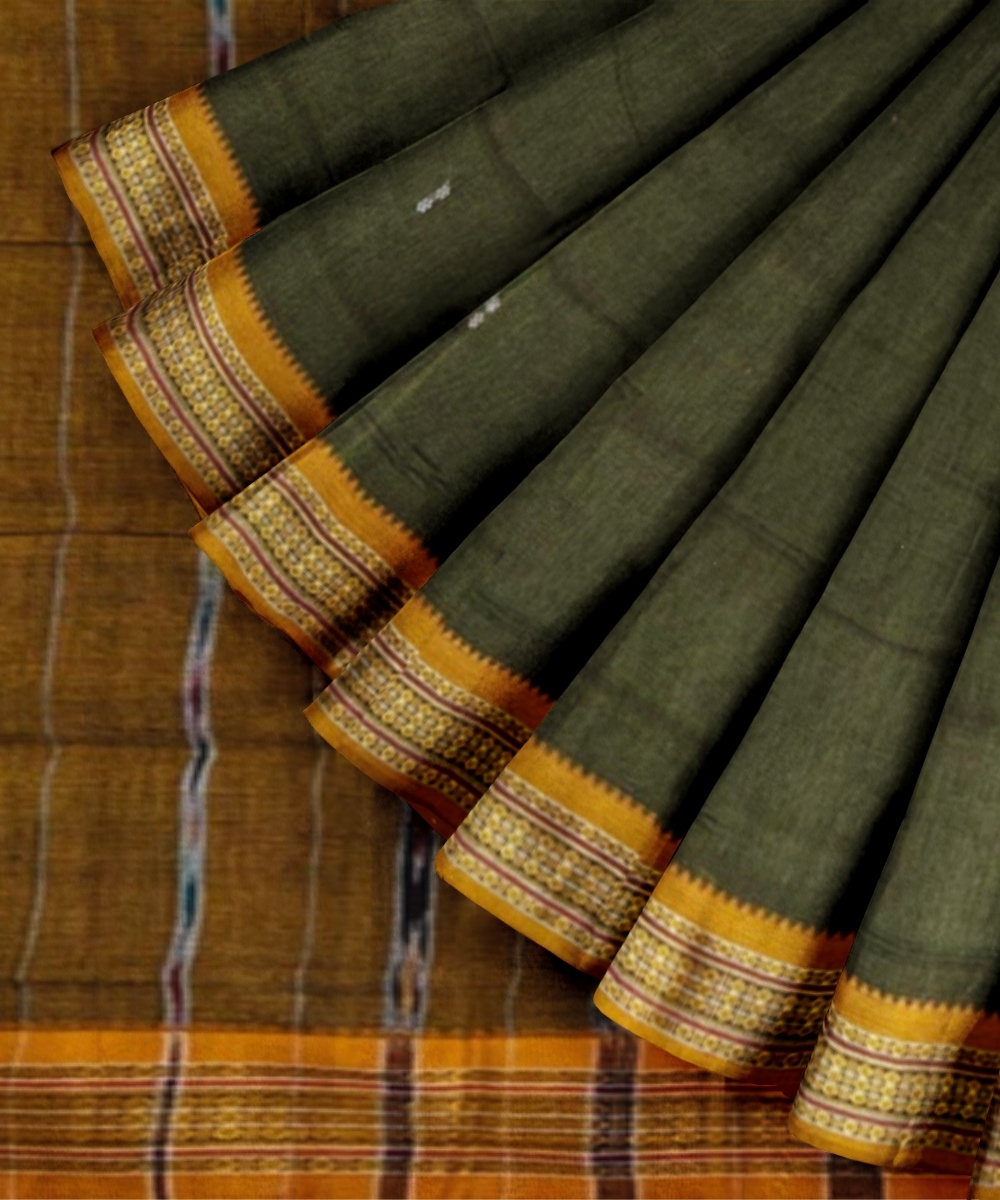 Olive Sambalpuri Handwoven Single Ikat Cotton Saree Image 2