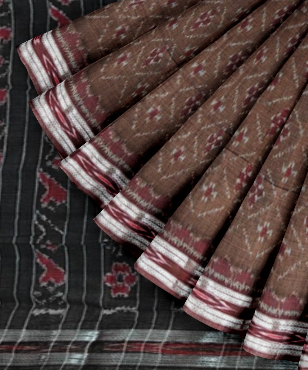 Brown Black Sambalpuri Handwoven Single Ikat Cotton Saree Image 3