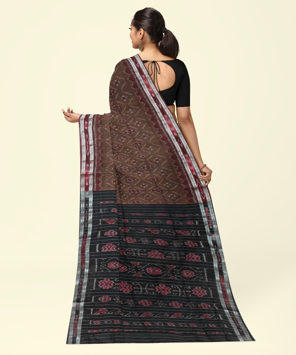 Brown Black Sambalpuri Handwoven Single Ikat Cotton Saree Image 4