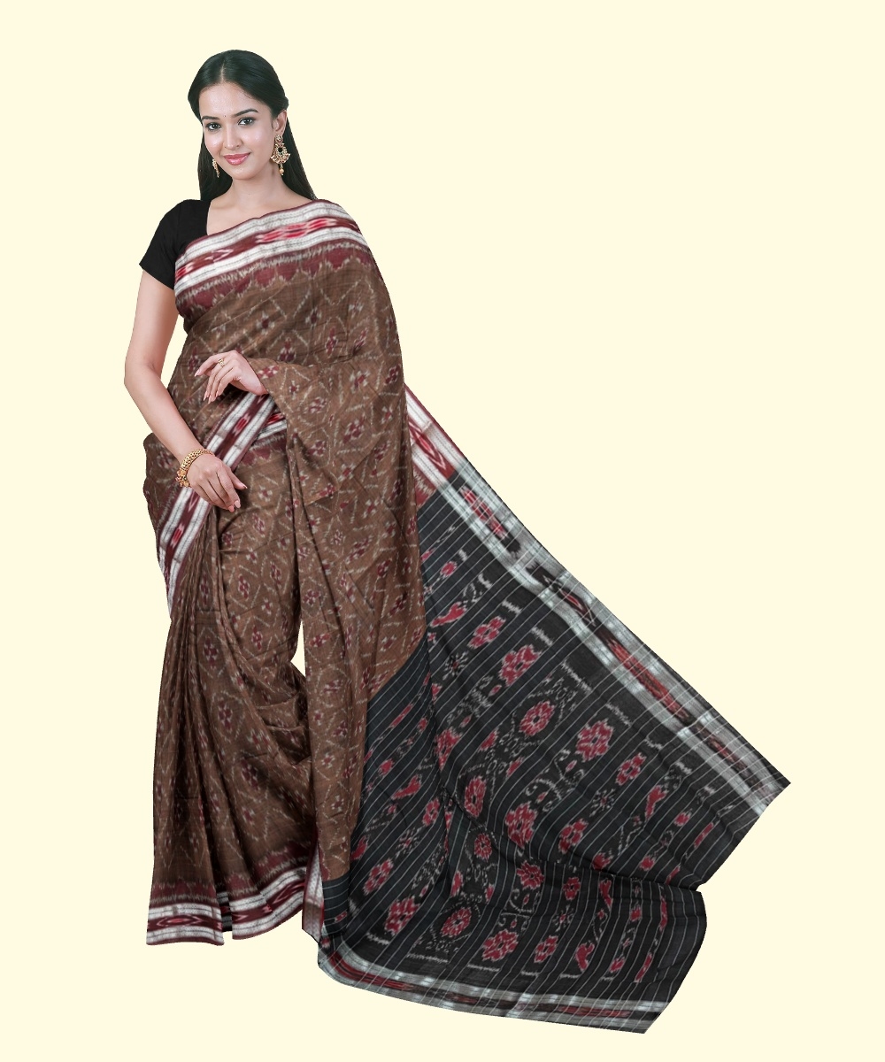 Brown Black Sambalpuri Handwoven Single Ikat Cotton Saree Image 1