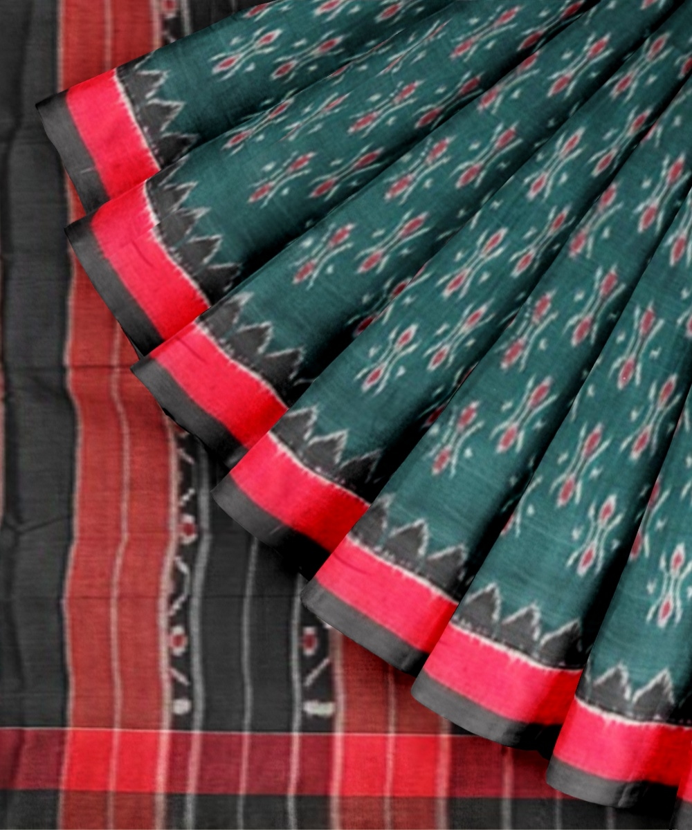 Green Red Sambalpuri Handwoven Single Ikat Cotton Saree Image 3