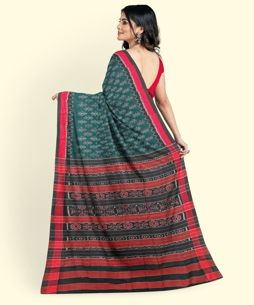 Green Red Sambalpuri Handwoven Single Ikat Cotton Saree Image 4