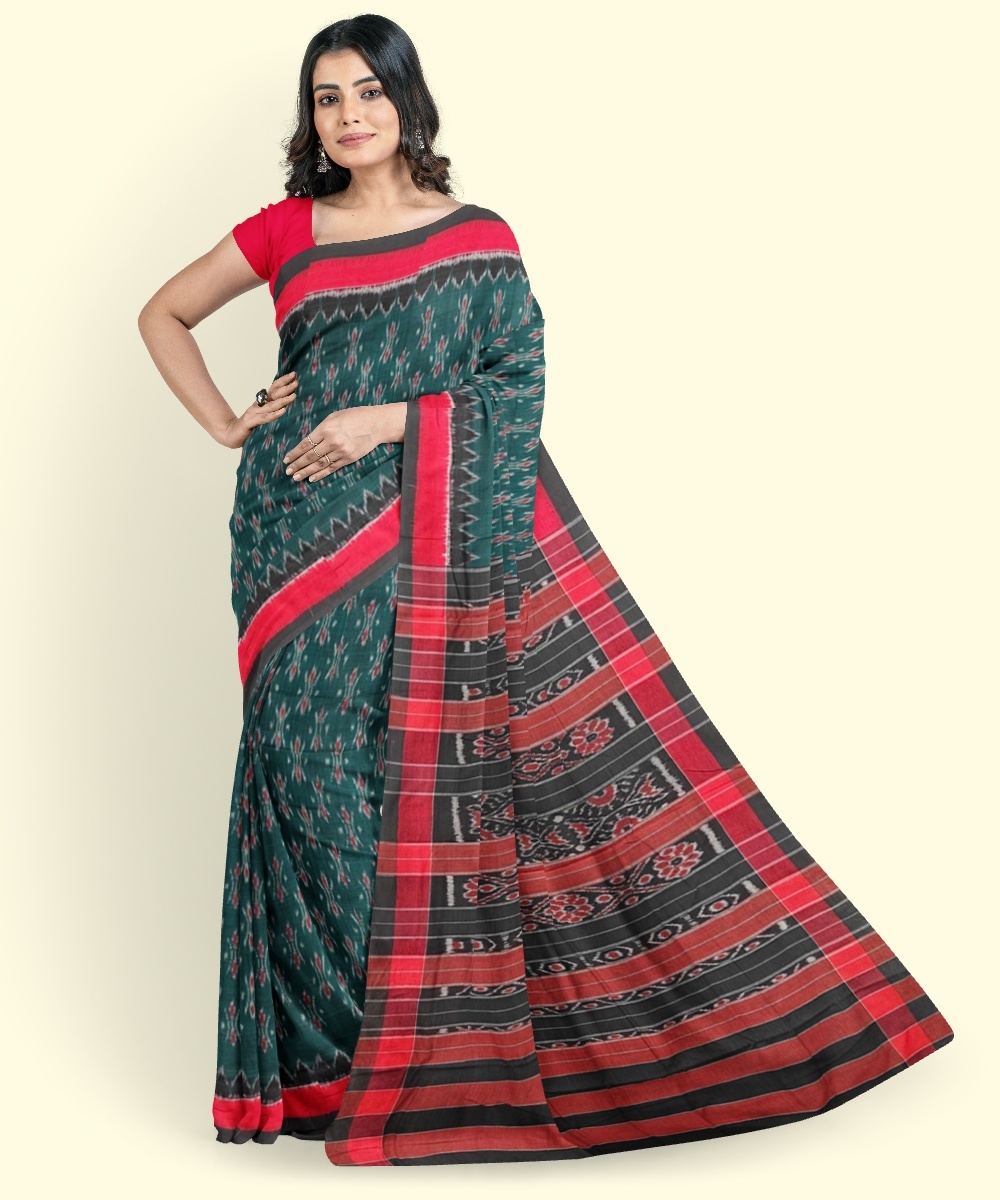 Green Red Sambalpuri Handwoven Single Ikat Cotton Saree Image 1
