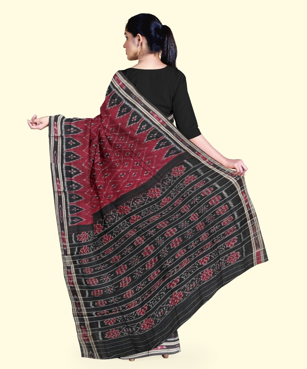 Maroon Black Sambalpuri Handwoven Single Ikat Cotton Saree Image 4