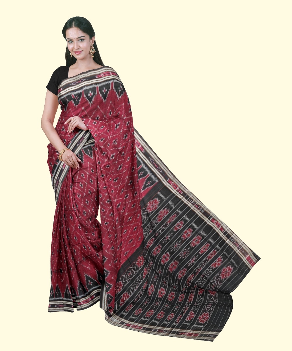 Maroon Black Sambalpuri Handwoven Single Ikat Cotton Saree Image 1