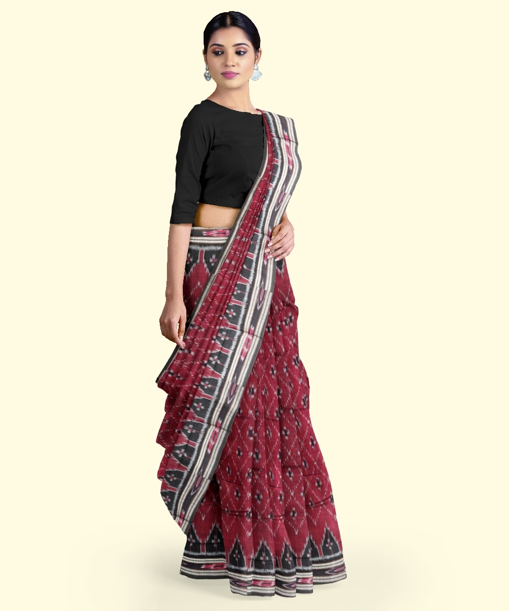 Maroon Black Sambalpuri Handwoven Single Ikat Cotton Saree Image 2