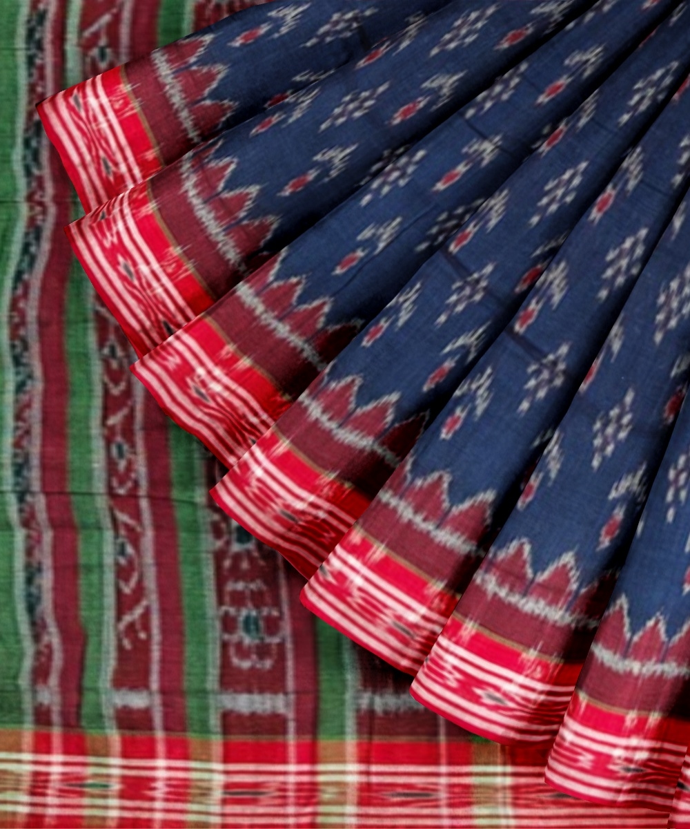 Blue Red Sambalpuri Handwoven Single Ikat Cotton Saree Image 2