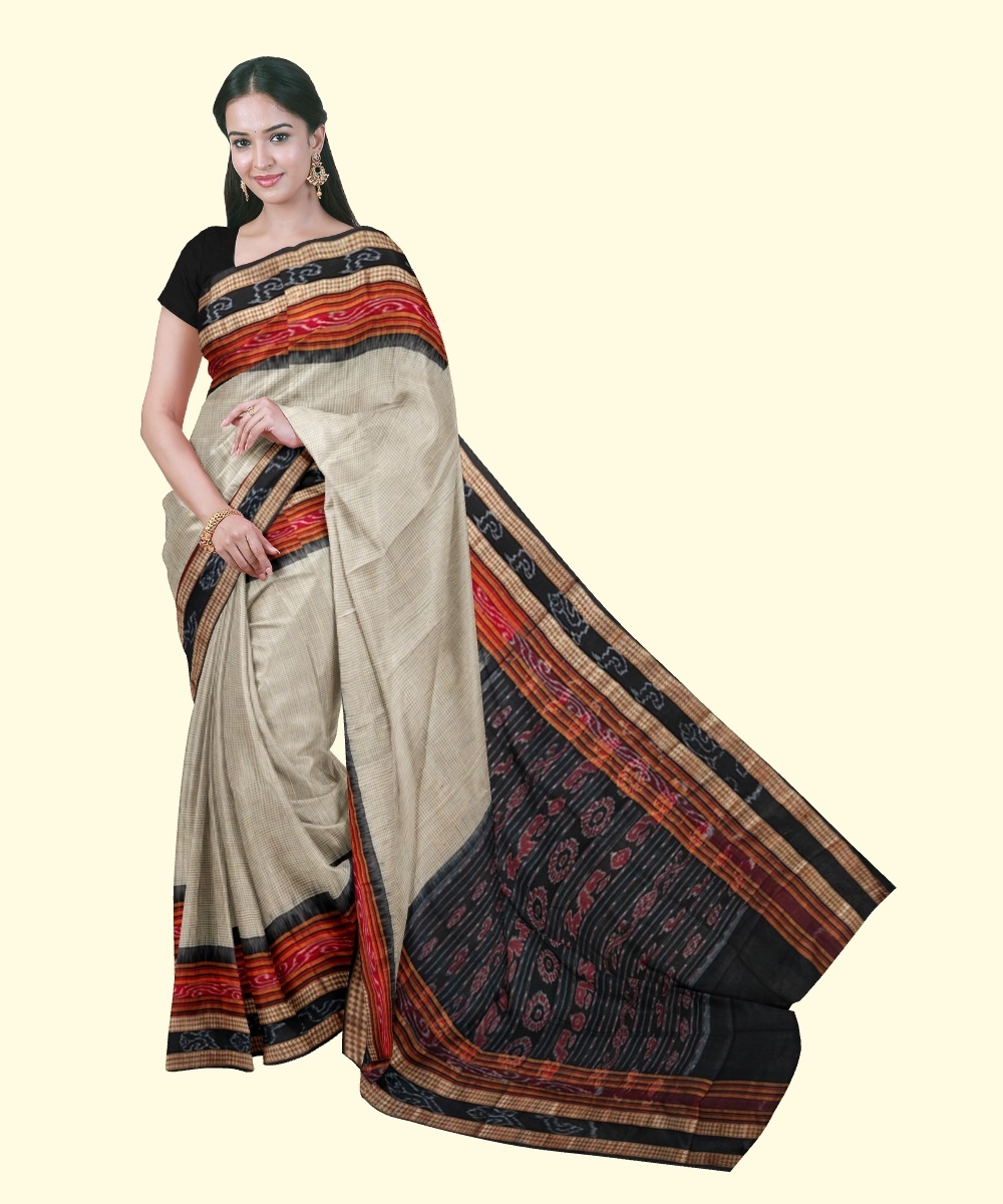 Beige Black Sambalpuri Handwoven Single Ikat Cotton Saree Image 1