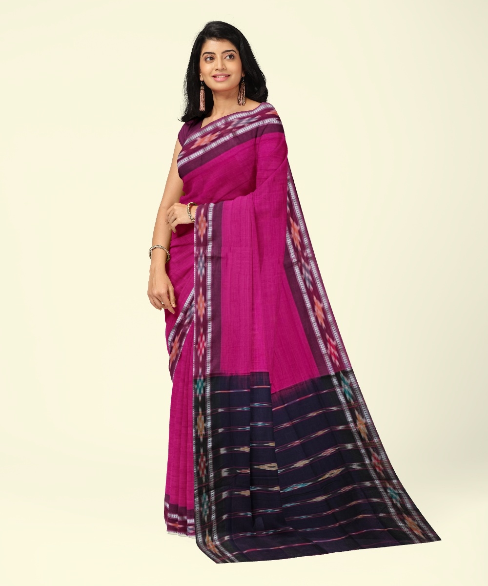 Majenta Black Sambalpuri Handwoven Single Ikat Cotton Saree Image 1