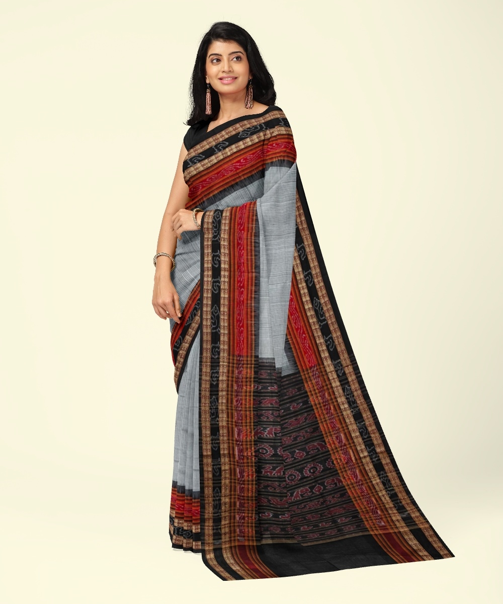 White Black Sambalpuri Handwoven Single Ikat Cotton Saree Image 1