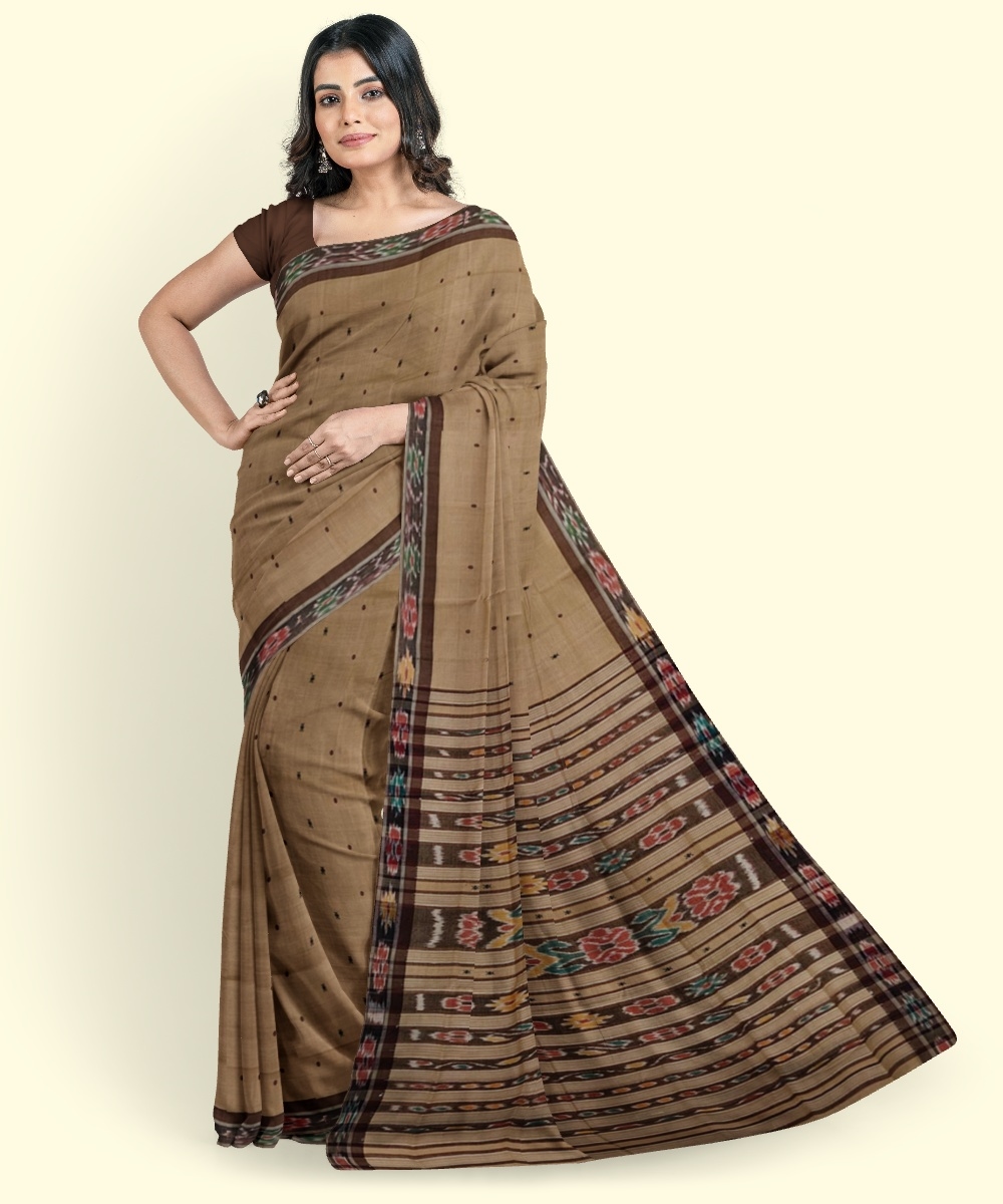 Beige Black Sambalpuri Handwoven Single Ikat Cotton Saree Image 4