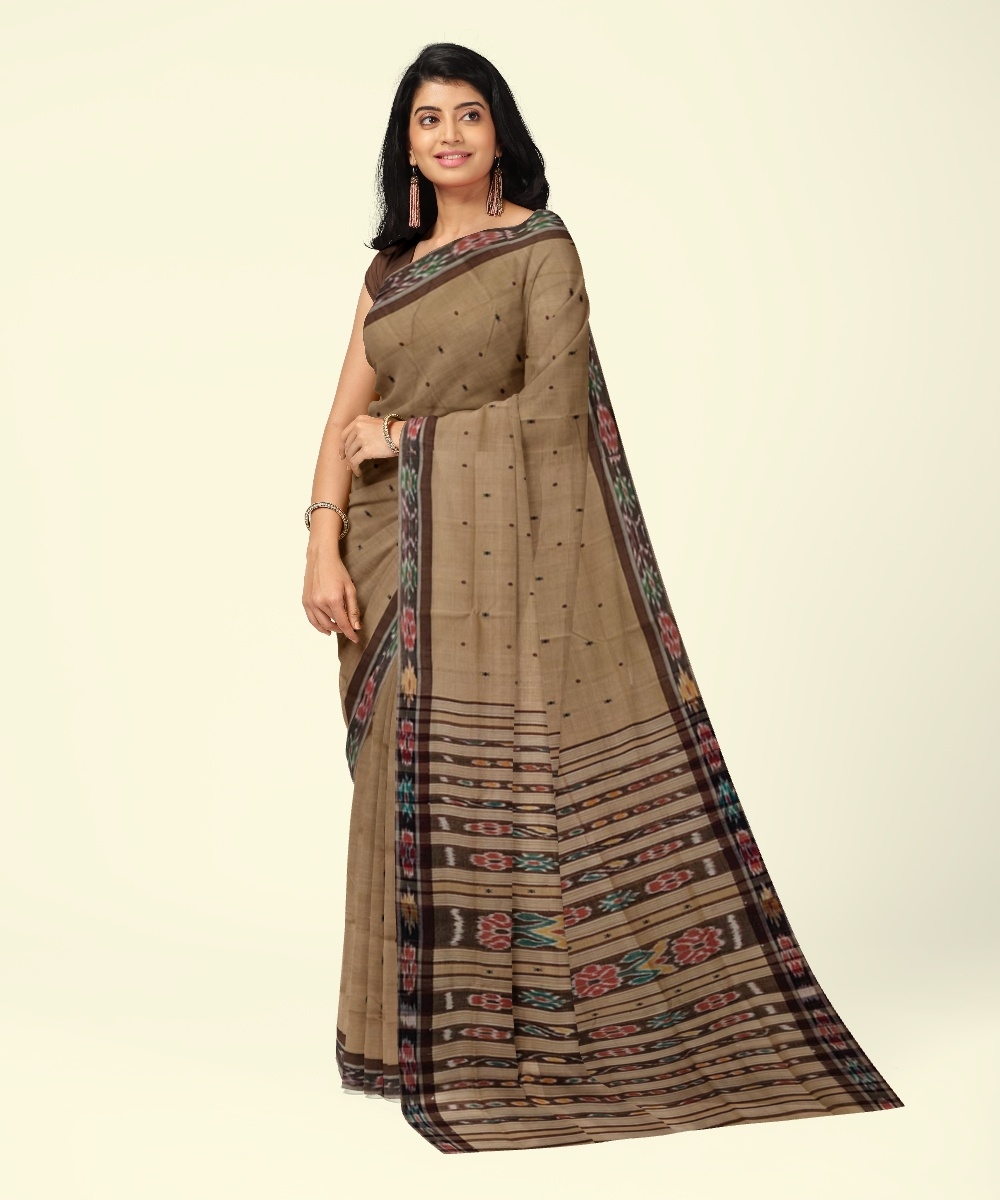 Beige Black Sambalpuri Handwoven Single Ikat Cotton Saree Image 1