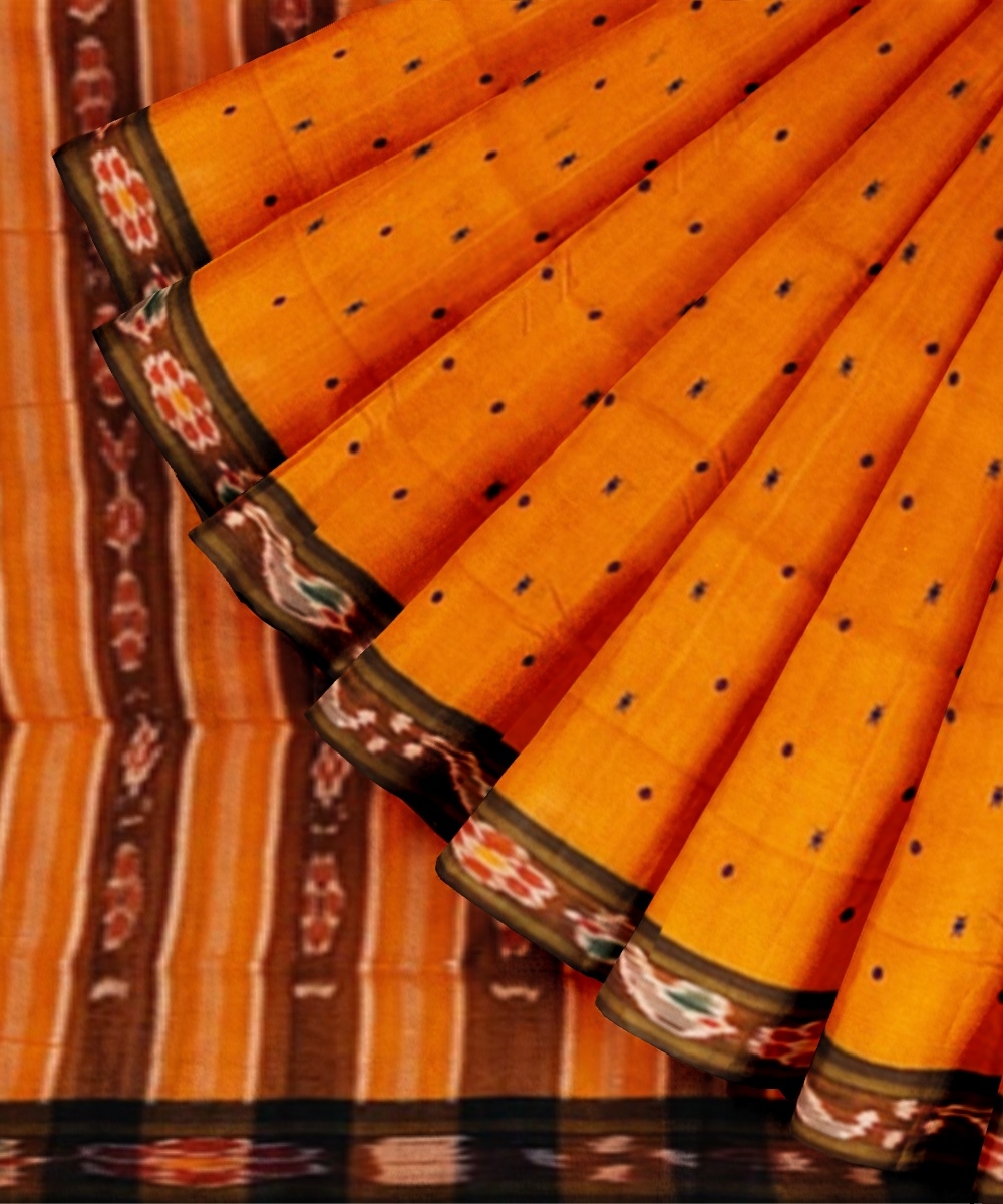 Orange Black Sambalpuri Handwoven Single Ikat Cotton Saree Image 2