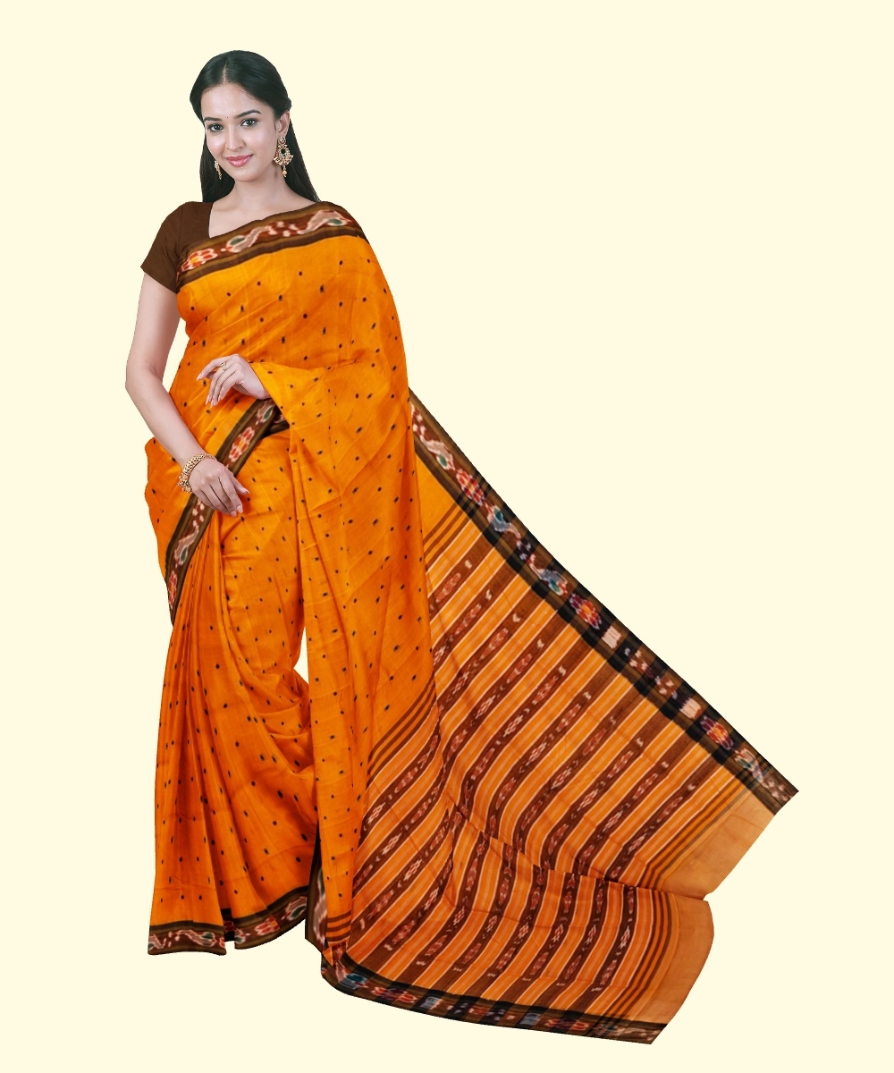 Orange Black Sambalpuri Handwoven Single Ikat Cotton Saree Image 1