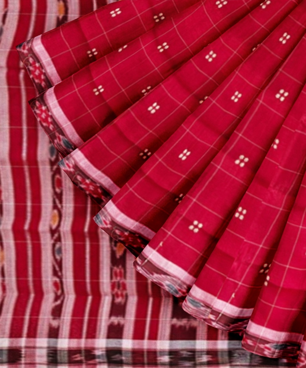 Red Pink Sambalpuri Handwoven Single Ikat Cotton Saree Image 2