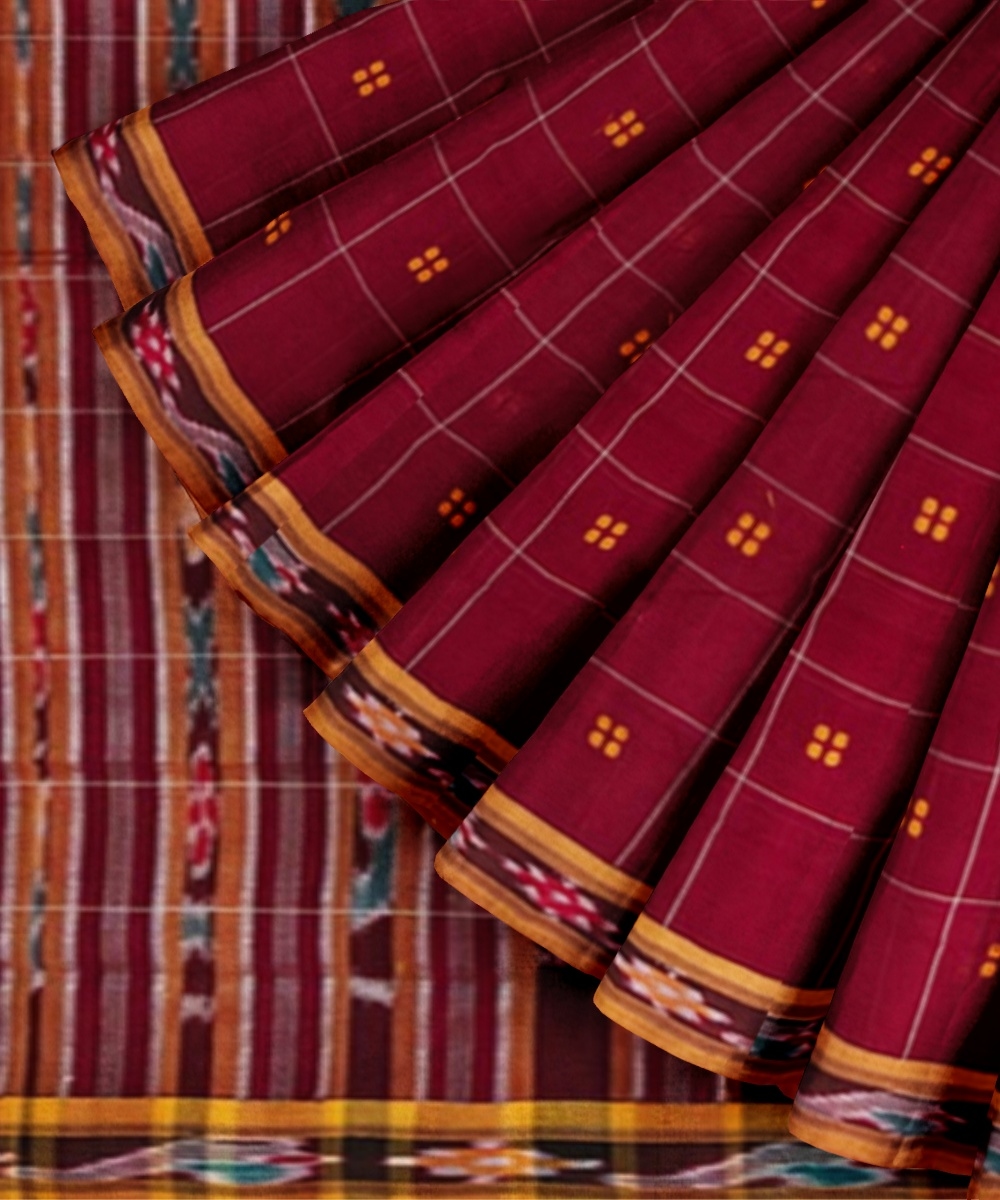 Maroon Yellow Sambalpuri Handwoven Single Ikat Cotton Saree Image 2