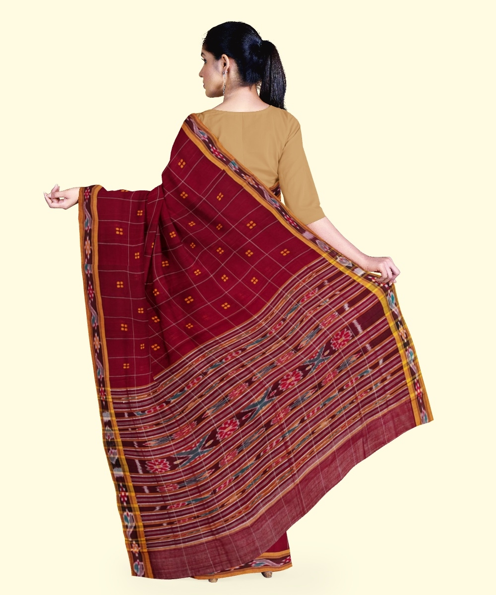 Maroon Yellow Sambalpuri Handwoven Single Ikat Cotton Saree Image 3