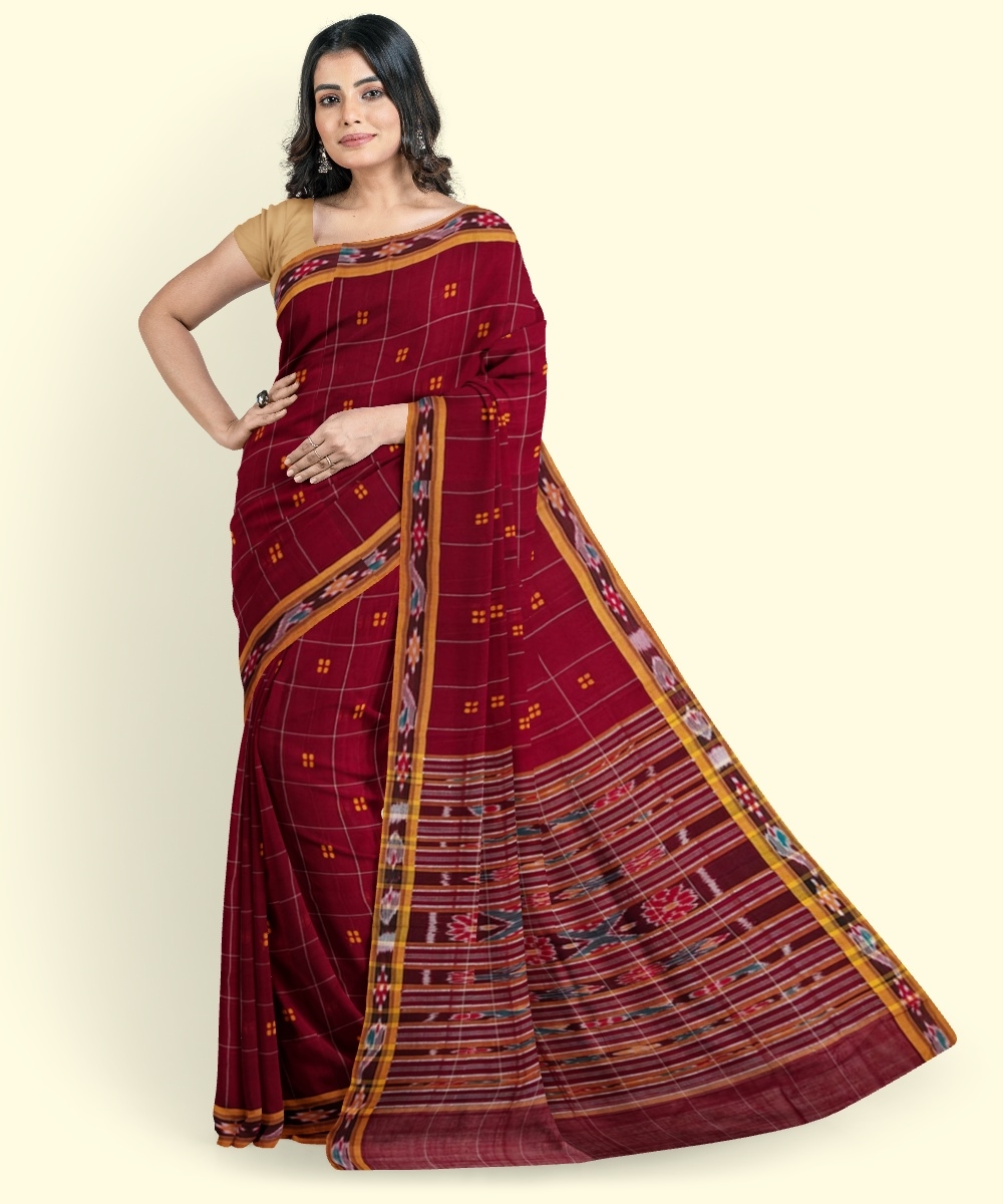 Maroon Yellow Sambalpuri Handwoven Single Ikat Cotton Saree Image 4