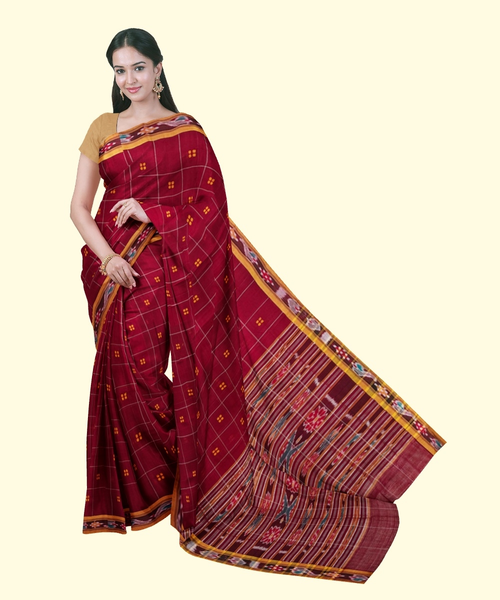 Maroon Yellow Sambalpuri Handwoven Single Ikat Cotton Saree Image 1