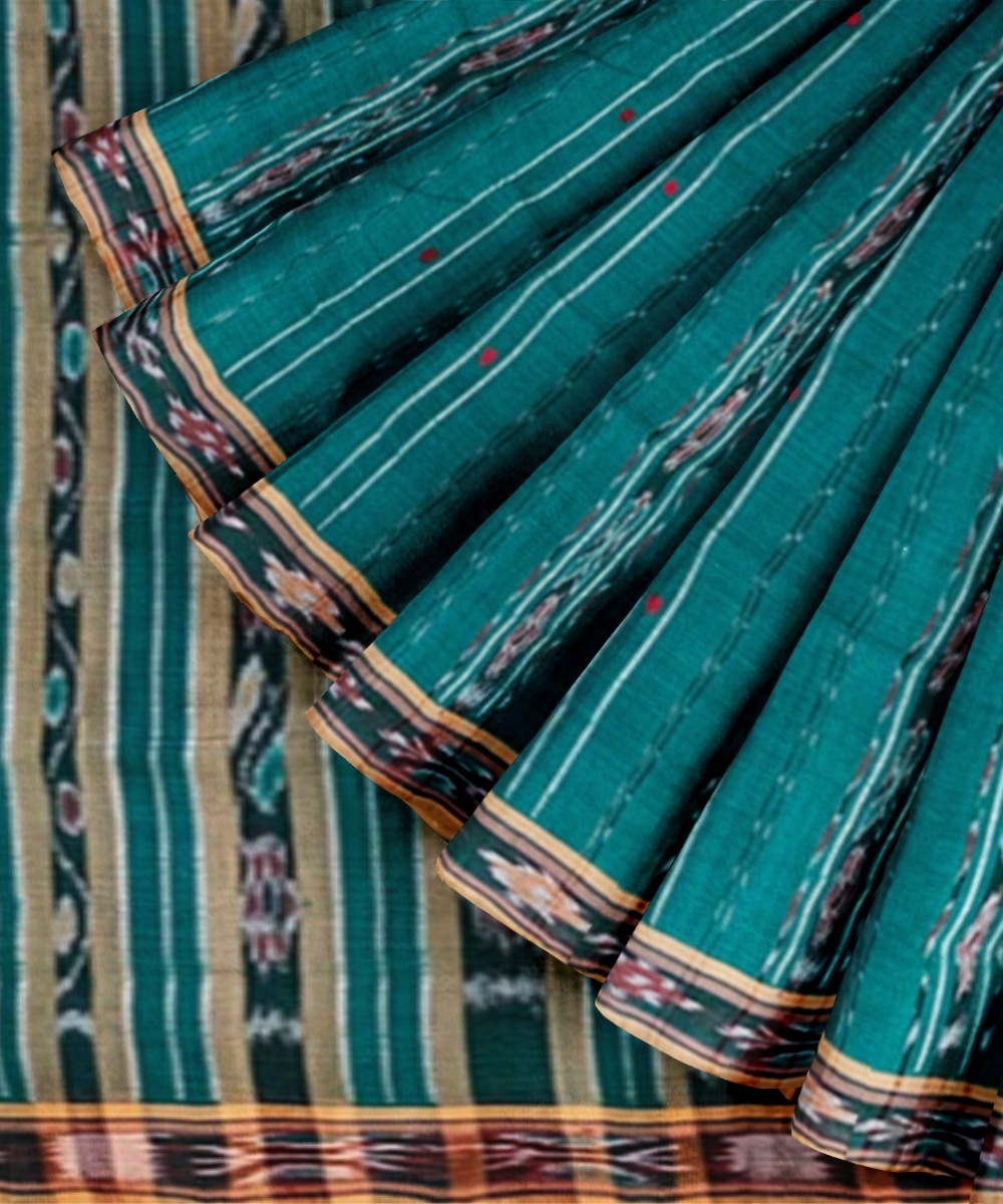 Green Sambalpuri Handwoven Single Ikat Cotton Saree Image 2