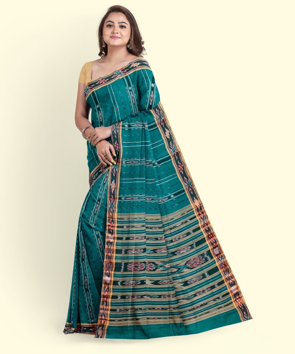 Green Sambalpuri Handwoven Single Ikat Cotton Saree Image 4