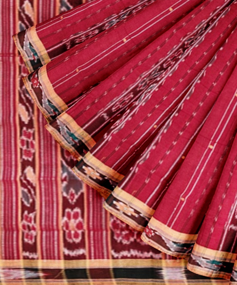 Red Yellow Sambalpuri Handwoven Single Ikat Cotton Saree Image 2