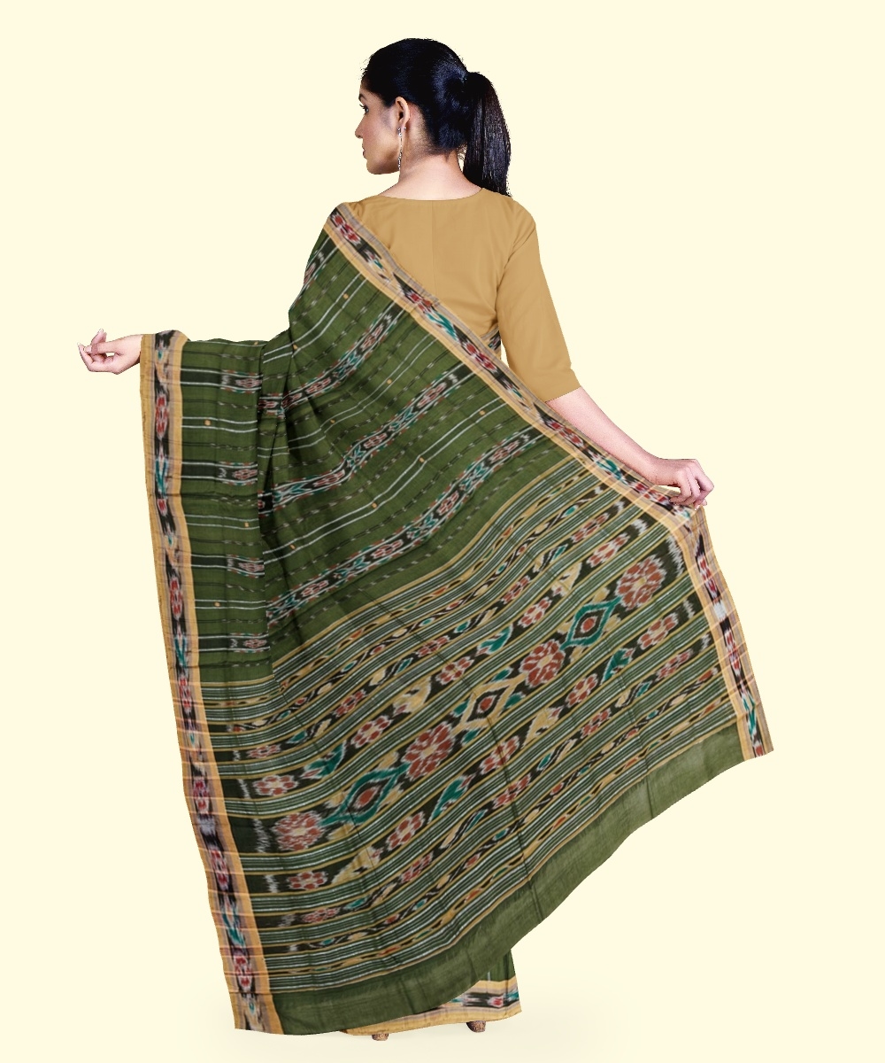 Olive Black Sambalpuri Handwoven Single Ikat Cotton Saree Image 3