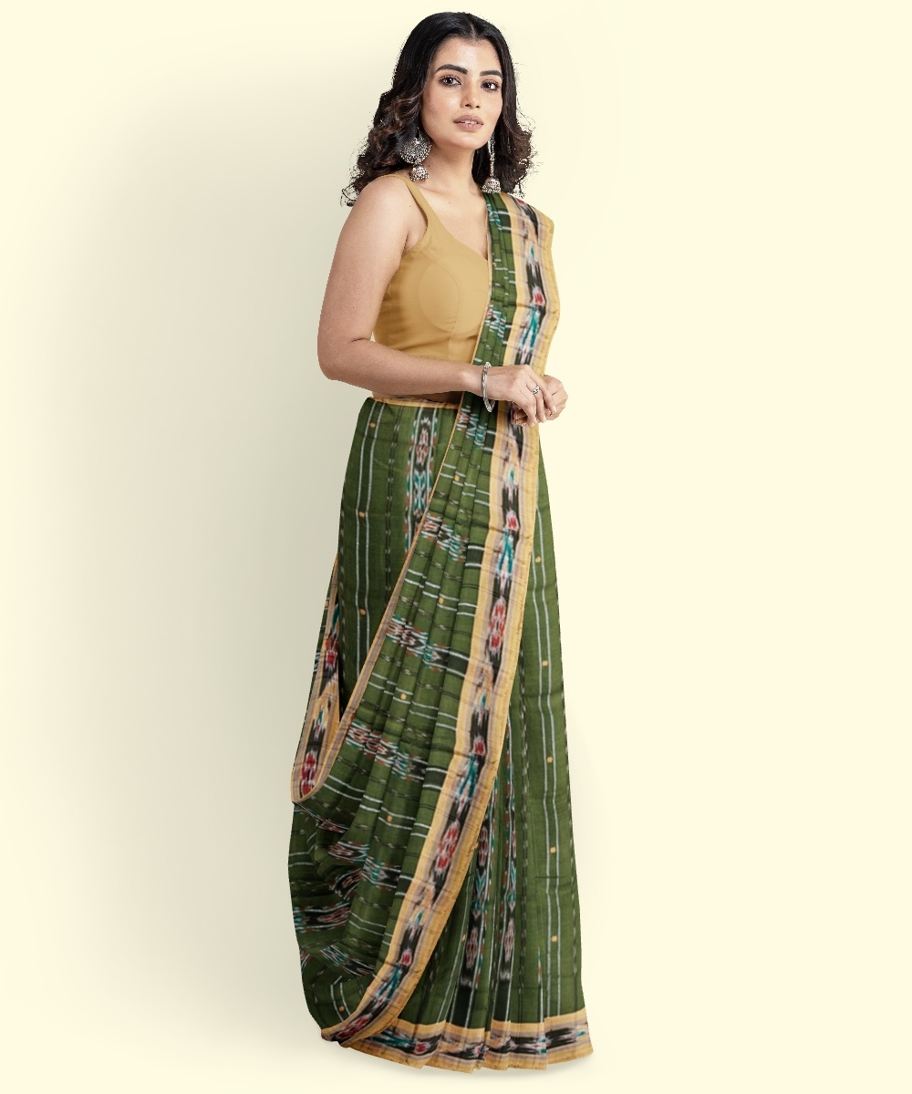 Olive Black Sambalpuri Handwoven Single Ikat Cotton Saree Image 4
