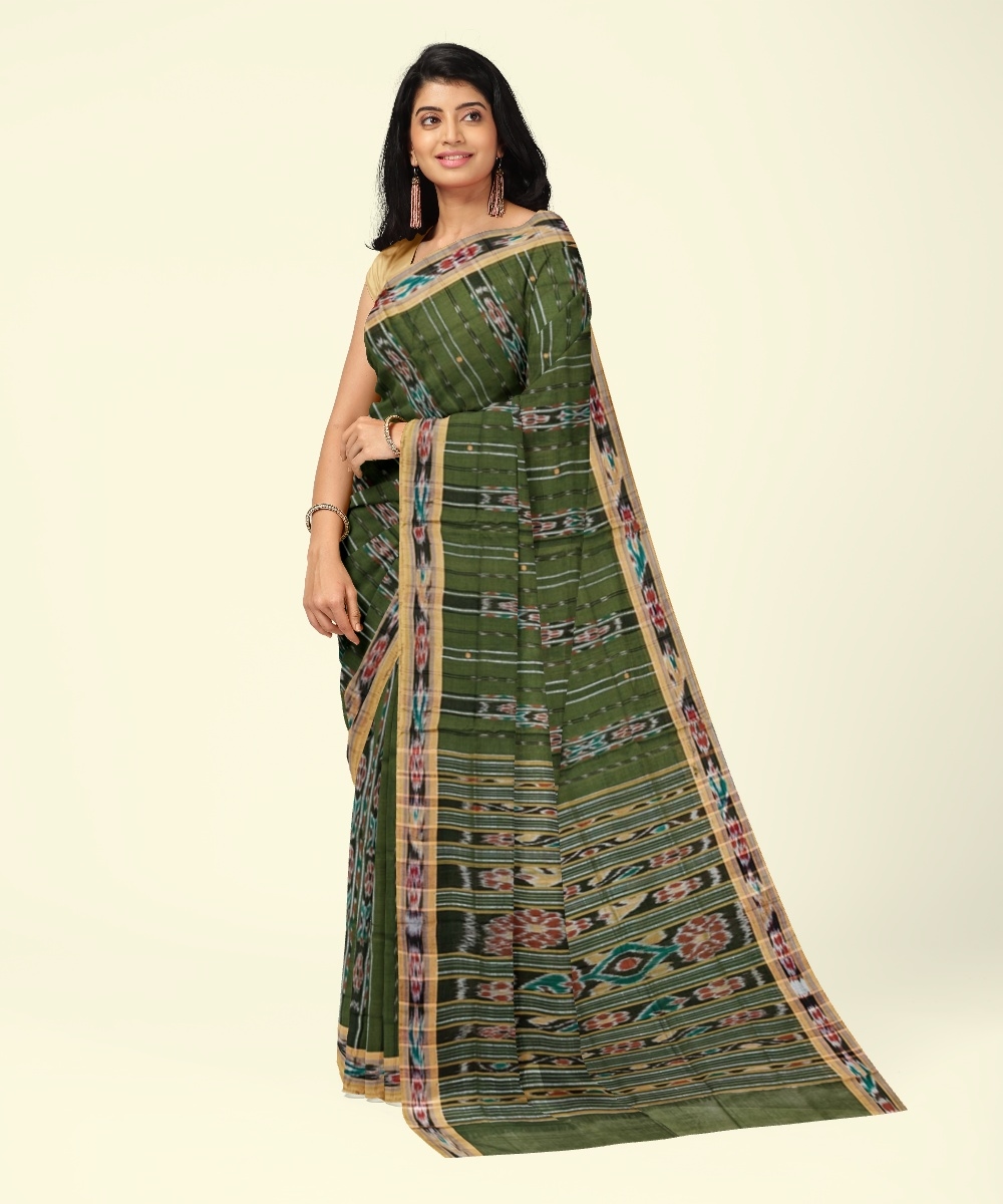 Olive Black Sambalpuri Handwoven Single Ikat Cotton Saree Image 1