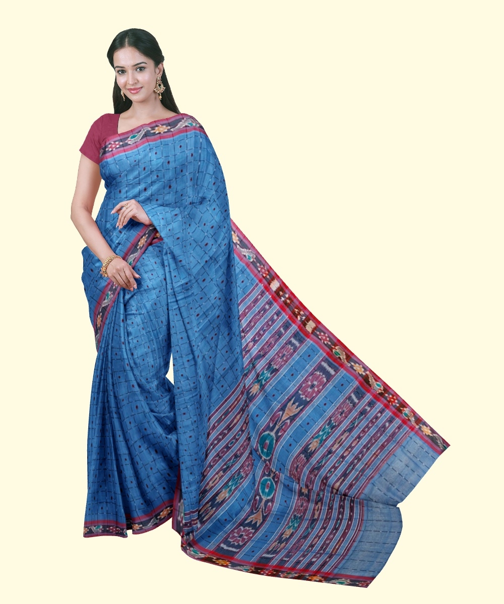 Blue Red Sambalpuri Handwoven Single Ikat Cotton Saree Image 1