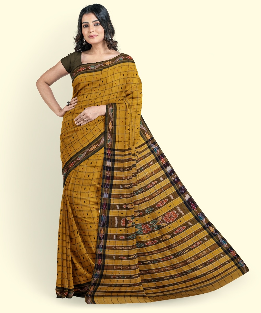 Yellow Black Sambalpuri Handwoven Single Ikat Cotton Saree Image 4