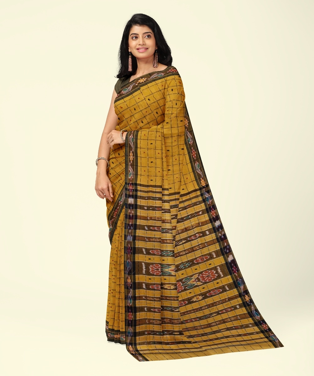 Yellow Black Sambalpuri Handwoven Single Ikat Cotton Saree Image 1