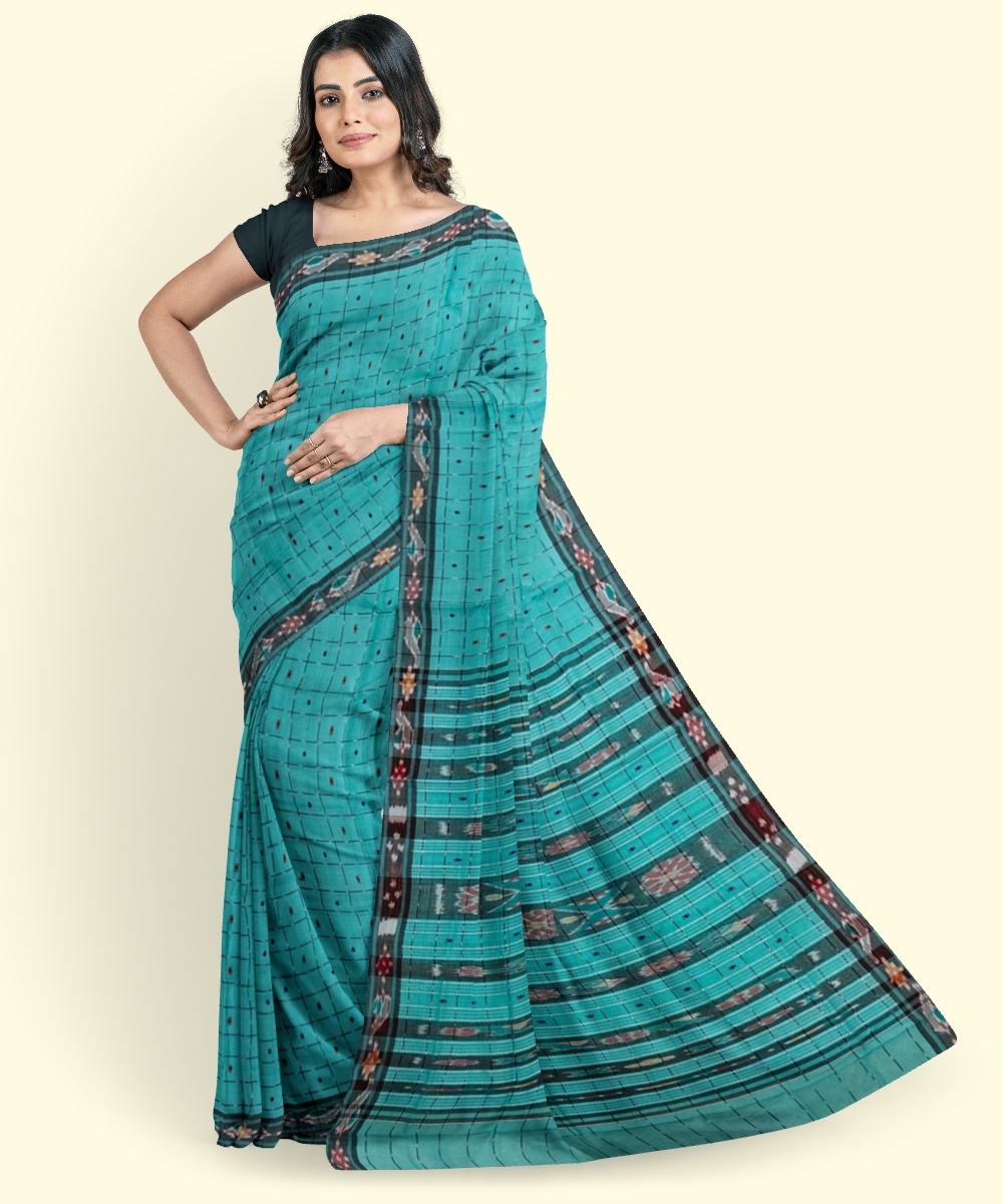 Green Sambalpuri Handwoven Single Ikat Cotton Saree Image 4