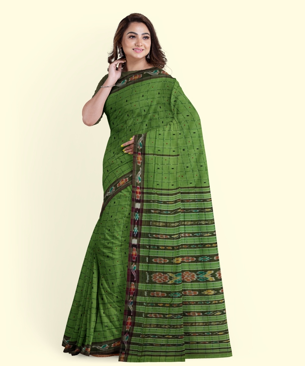 Olive Sambalpuri Handwoven Single Ikat Cotton Saree Image 4