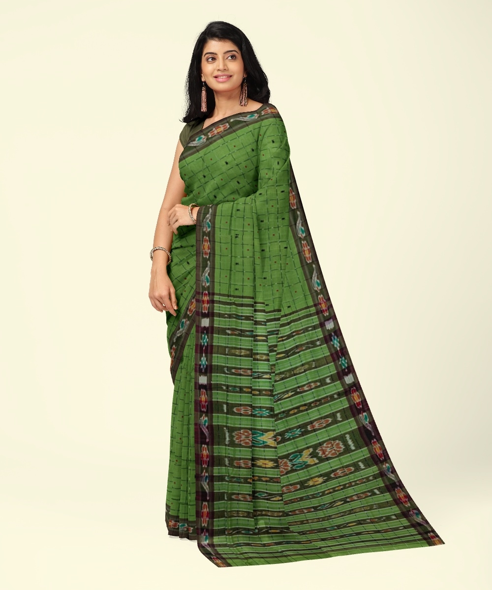 Olive Sambalpuri Handwoven Single Ikat Cotton Saree Image 1