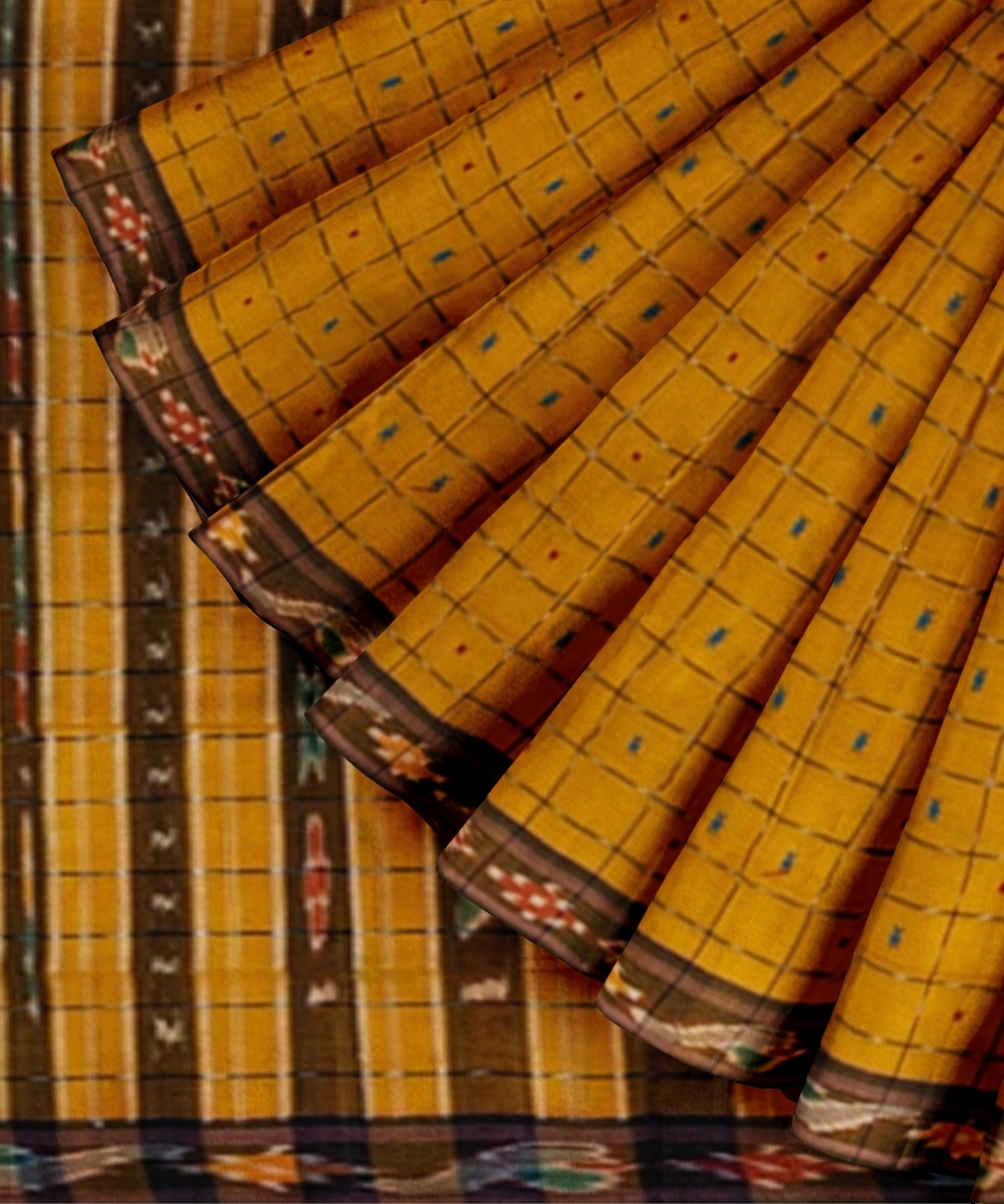 Mustard Sambalpuri Handwoven Single Ikat Cotton Saree Image 3