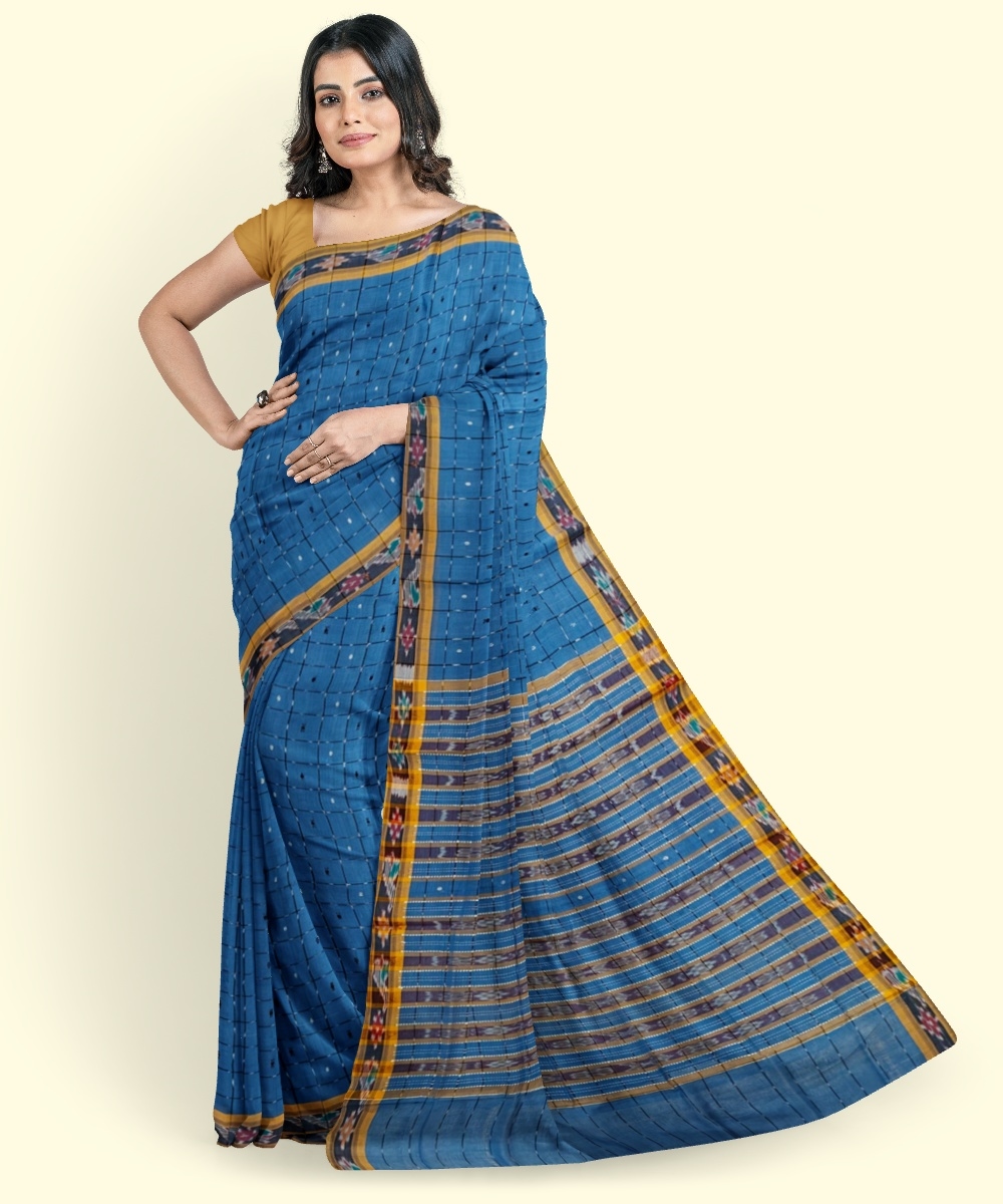 Blue Sambalpuri Handwoven Single Ikat Cotton Saree Image 1