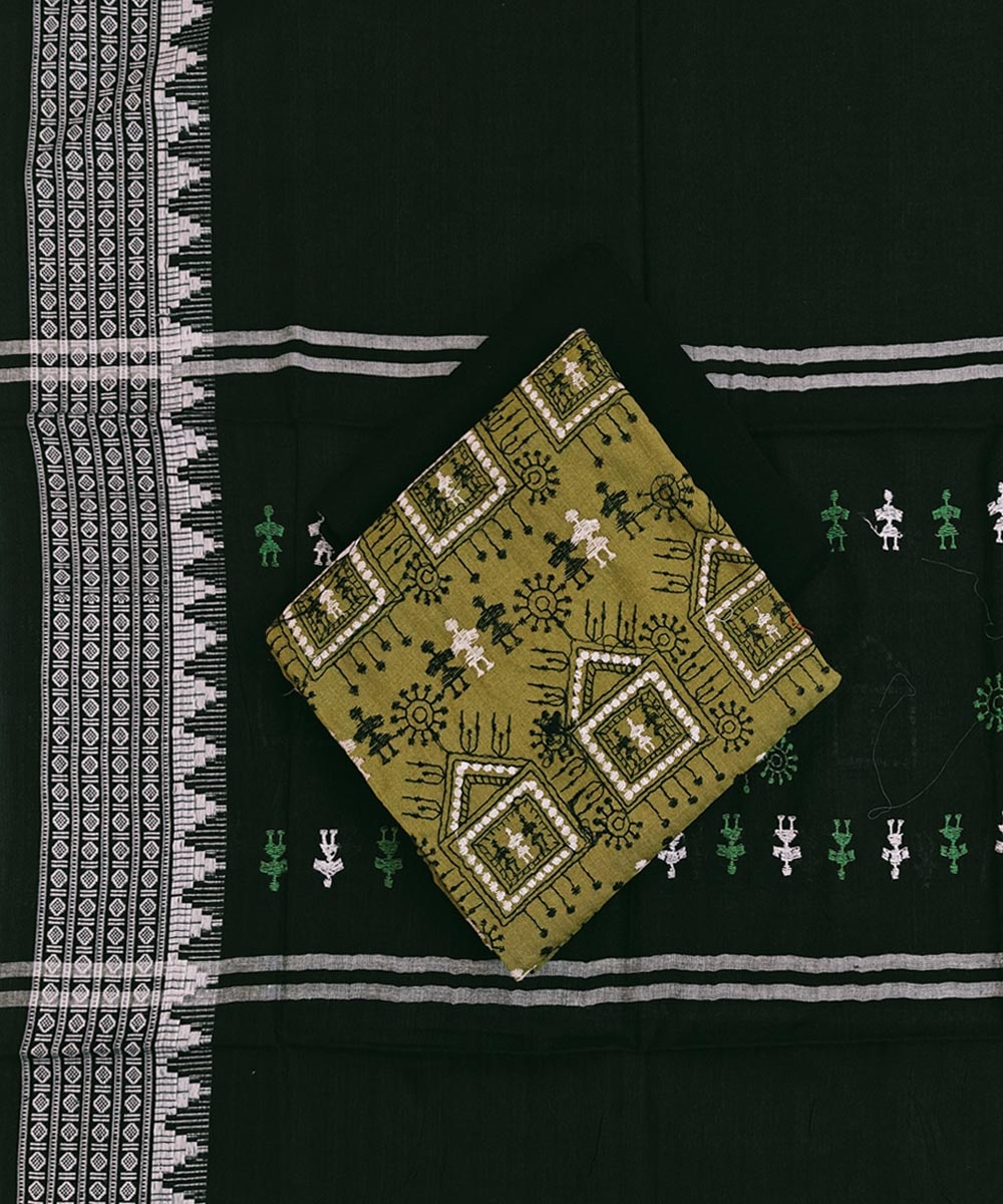 Olive Black Sambalpuri Handwoven Ikat Suit Set Image 1