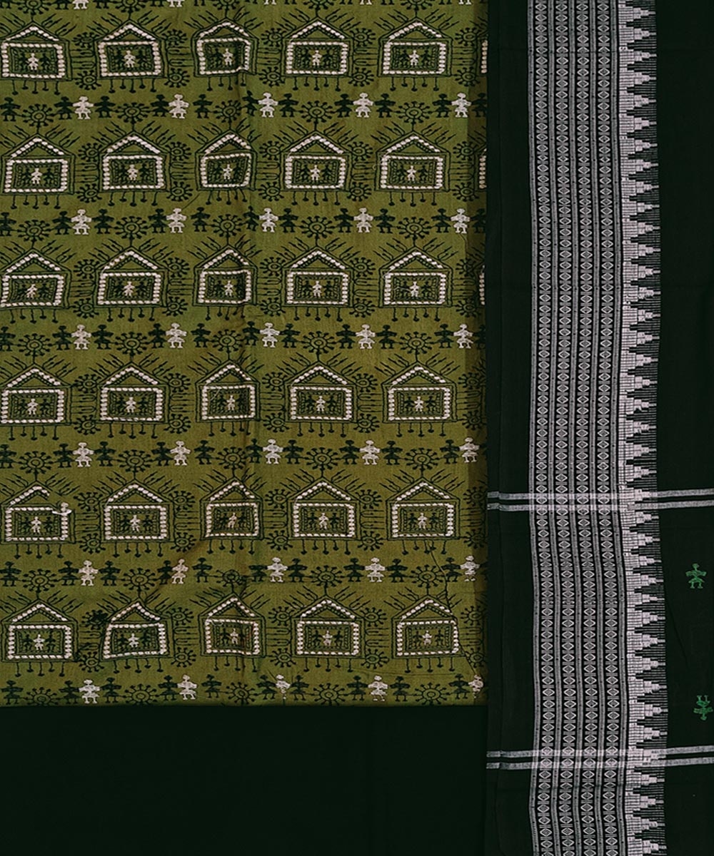 Olive Black Sambalpuri Handwoven Ikat Suit Set Image 2