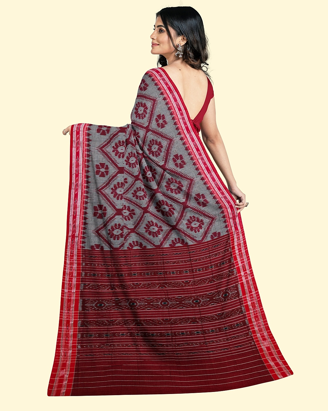 Gray Maroon Sambalpuri Handwoven Single Ikat Cotton Saree Image 4